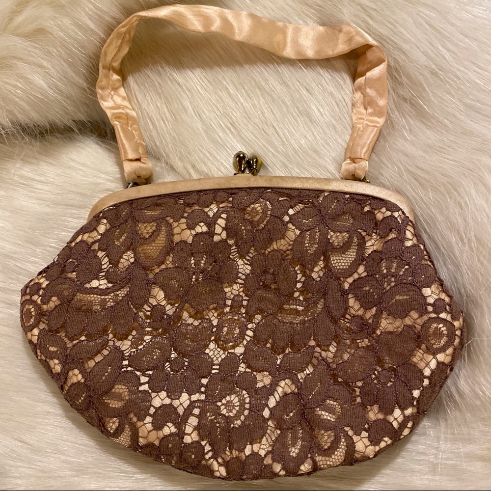 Gorgeous Vintage Lace and Satin Evening Bag Purse Rose Gold and Brown
